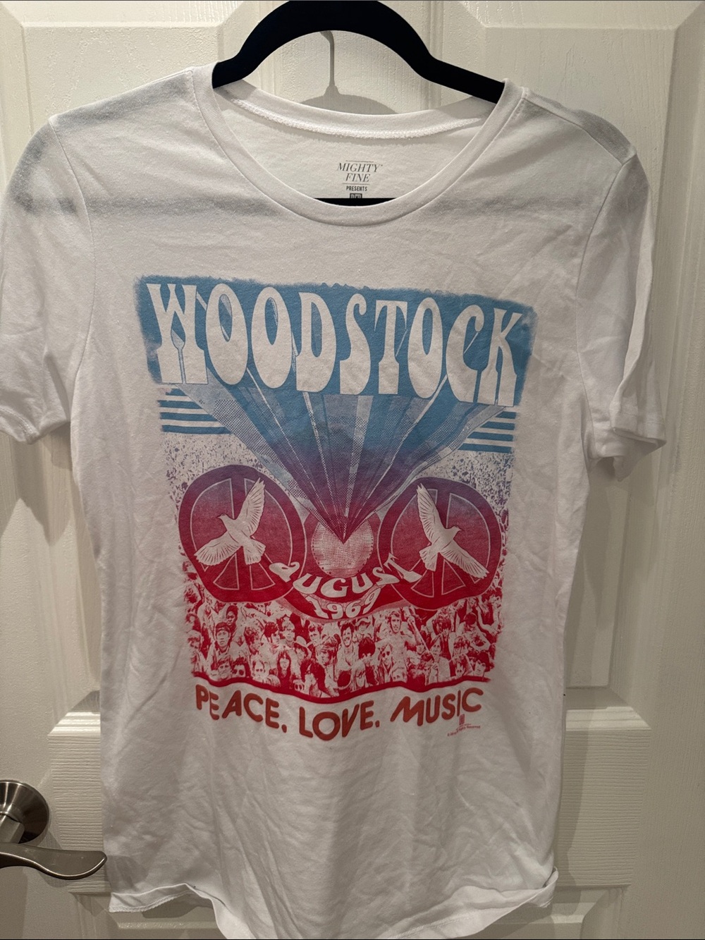 Mighty Fine White Woodstock Graphic Tee with Blue & Red Print